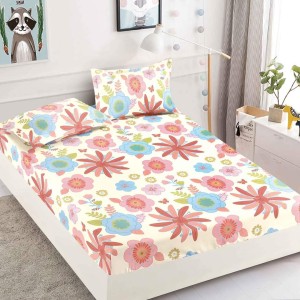 Husa pat cu elastic, Bumbac FINET, 180x200cm, 2 fete de perne 50x70cm, Alb-Rosu, flori, HDF-142
