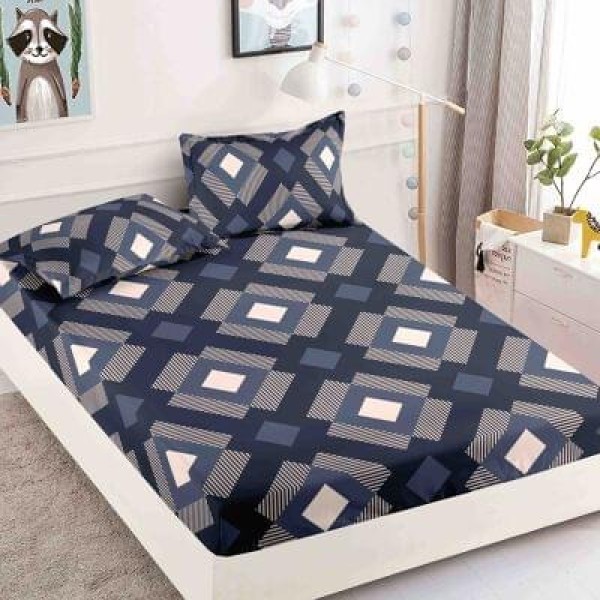 Husa pat cu elastic, Bumbac FINET, 180x200cm, 2 fete de perne 50x70cm, Bleumarin-Crem, patrate, HDF-020