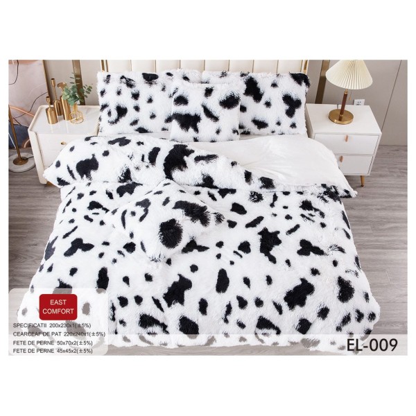 Lenjerie Fluffy Alb-Negru 6 Piese Pat Dublu – Moale, Călduroasă și Elegantă, LCF-040
