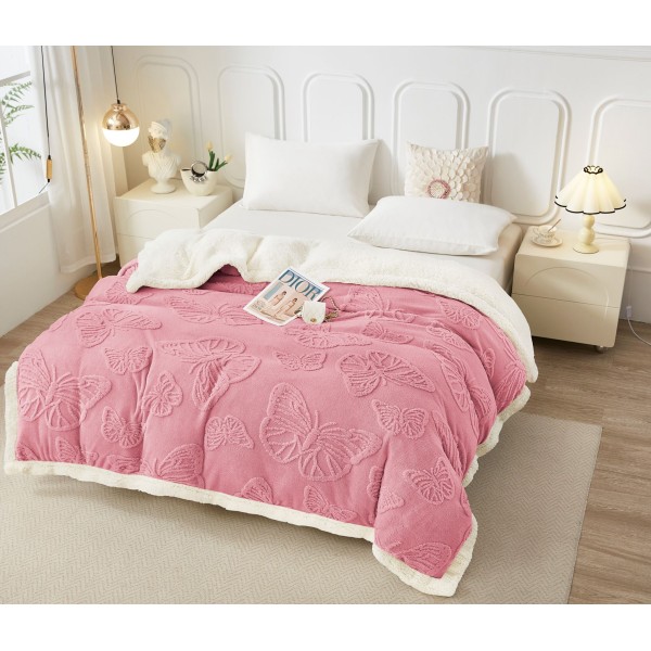 Patura Cocolino cu Blanita, Model, FLUTURI, 3D, Pat 2 Persoane, 200x230 cm, Roz, PCT-018