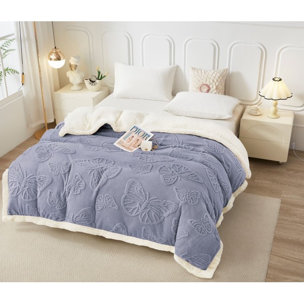 Patura Cocolino cu Blanita, Model, FLUTURI, 3D, Pat 2 Persoane, 200x230 cm, Gri albastrui, PCT-021