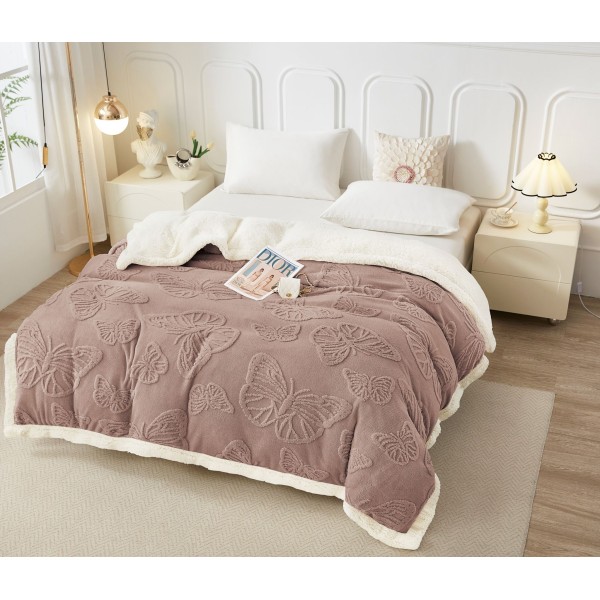 Patura Cocolino cu Blanita, Model, FLUTURI, 3D, Pat 2 Persoane, 200x230 cm, Maro, PCT-023