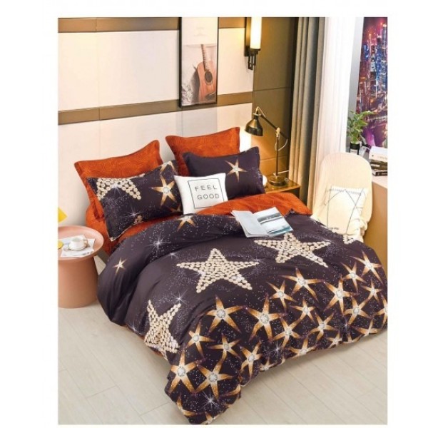 Lenjerie pat dublu, 4 piese, Bumbac Satinat Superior, Maro-Multicolor, stele, OLBS-013