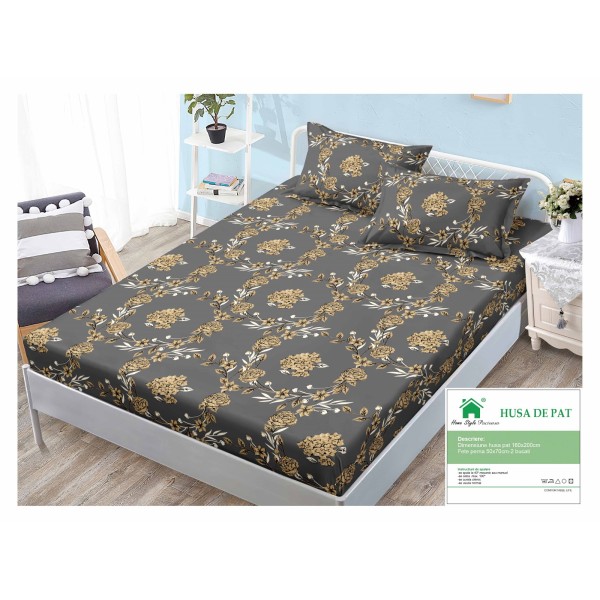 Cearsaf cu elastic, Bumbac FINET, 160x200cm, 2 fete de perne 50x70cm, Galben-Bej, flori, HDF-168