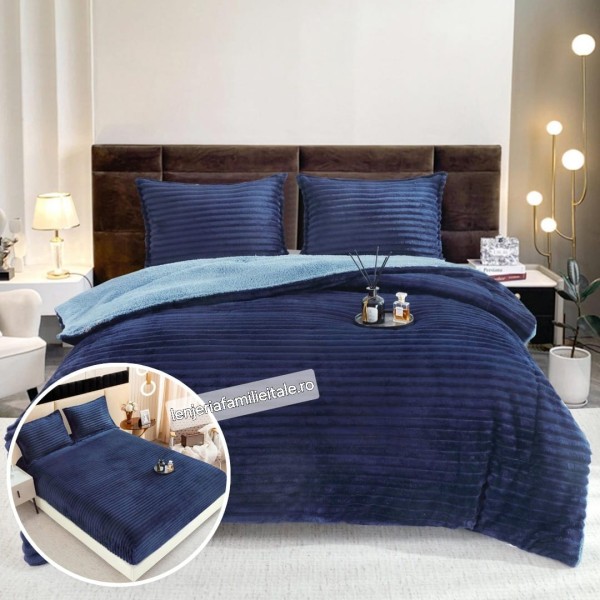 Pachet Promo: Pilota Pufoasa din Blanita artificiala de Iepure Plus, Husa de Pat cu Elastic, 6 piese, Albastru, PH-102