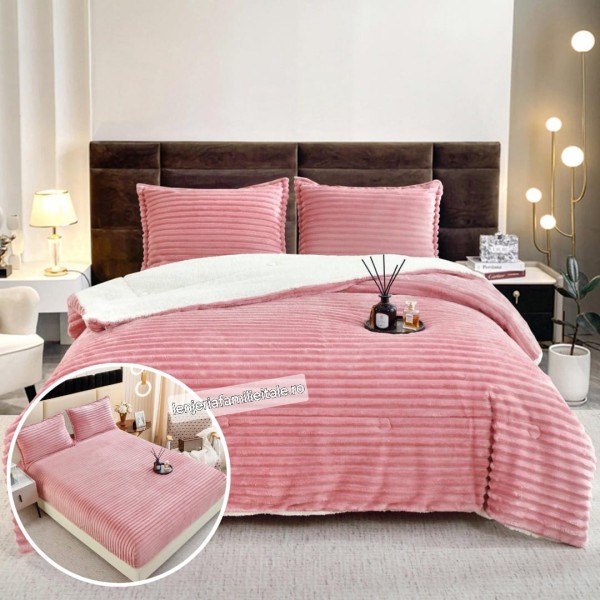 Pachet Promo: Pilota Pufoasa din Blanita artificiala de Iepure Plus, Husa de Pat cu Elastic, 6 piese, Roz, PH-103