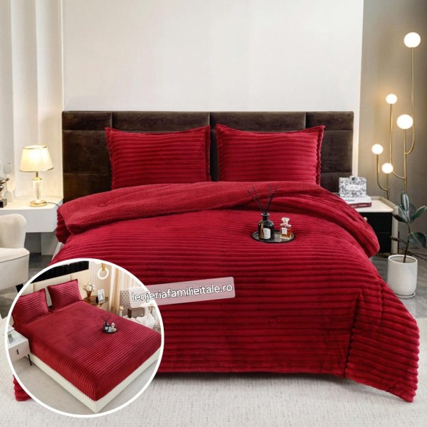 Pachet Promo: Pilota Pufoasa din Blanita artificiala de Iepure Plus, Husa de Pat cu Elastic, 6 piese, Rosu, PH-106