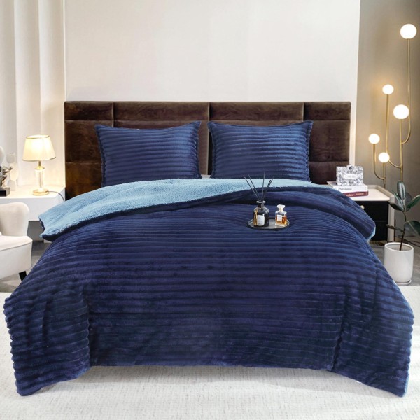 Set Pilota Pufoasa Cocolino, din Blanita artificiala de Iepure, 3 Piese, 200x230 cm, Albastru, PDC-018