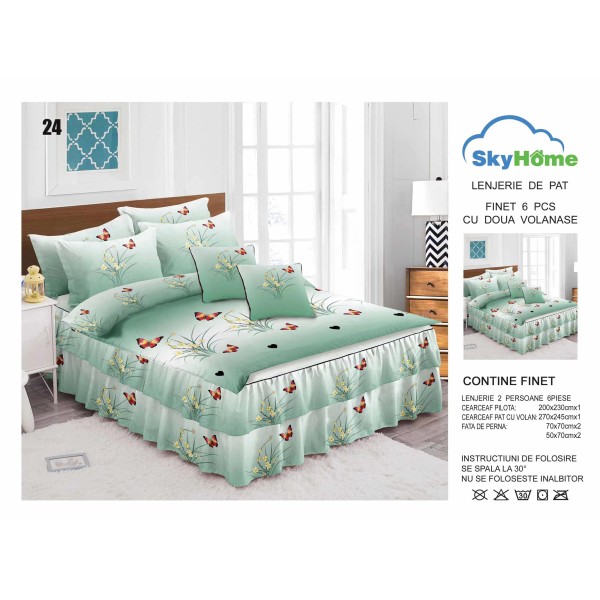 Lenjerie pat dublu, BUMBAC FINET, 6 piese, cu VOLANASE, Alb-Verde, flori, fluturi, LDV-015