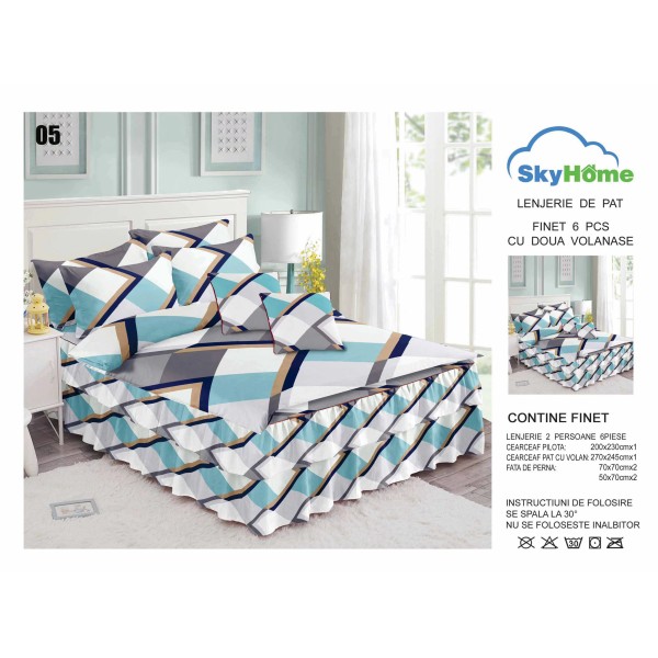 Lenjerie pat dublu, BUMBAC FINET, 6 piese, cu VOLANASE, Bleu-Alb, romburi, LDV-012