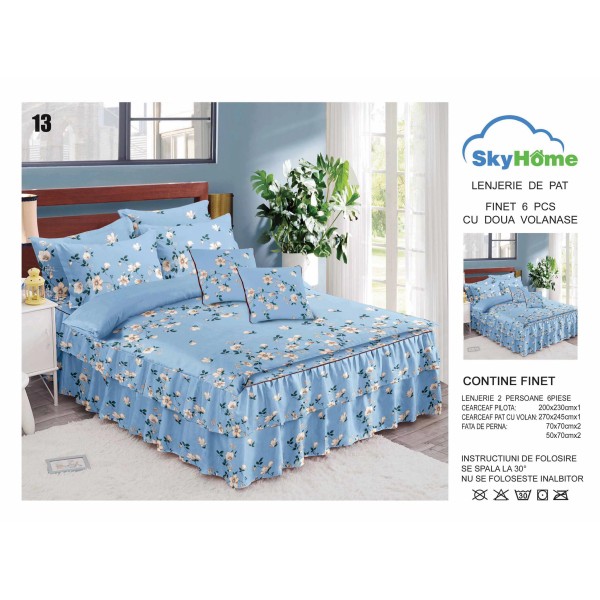 Lenjerie pat dublu, BUMBAC FINET, 6 piese, cu VOLANASE, Blue-Alb, flori, LDV-001