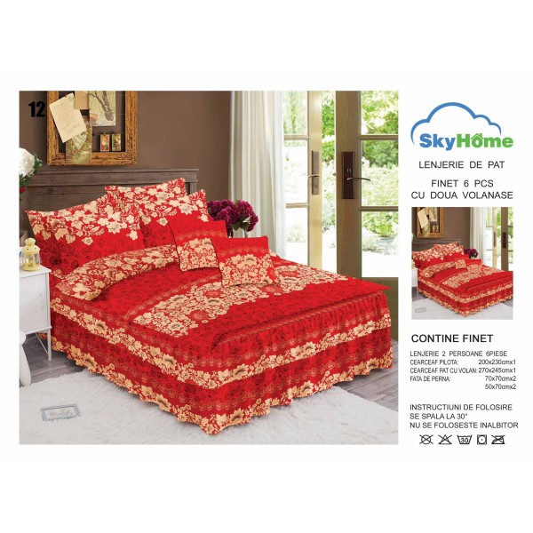 Lenjerie pat dublu, BUMBAC FINET, 6 piese, cu VOLANASE, Rosu-Galben, flori, LDV-019