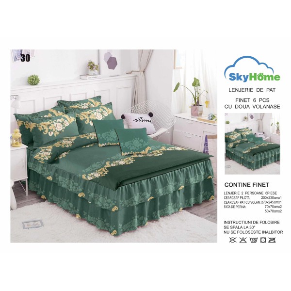 Lenjerie pat dublu, BUMBAC FINET, 6 piese, cu VOLANASE, Verde-Galben, flori, LDV-020