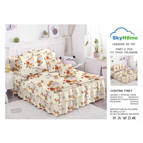Lenjerie pat dublu, BUMBAC FINET, 6 piese, cu VOLANASE, Crem-Bej, flori, LDV-018