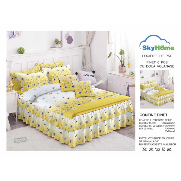 Lenjerie pat dublu, BUMBAC FINET, 6 piese, cu VOLANASE, Alb-Galben, flori, LDV-006