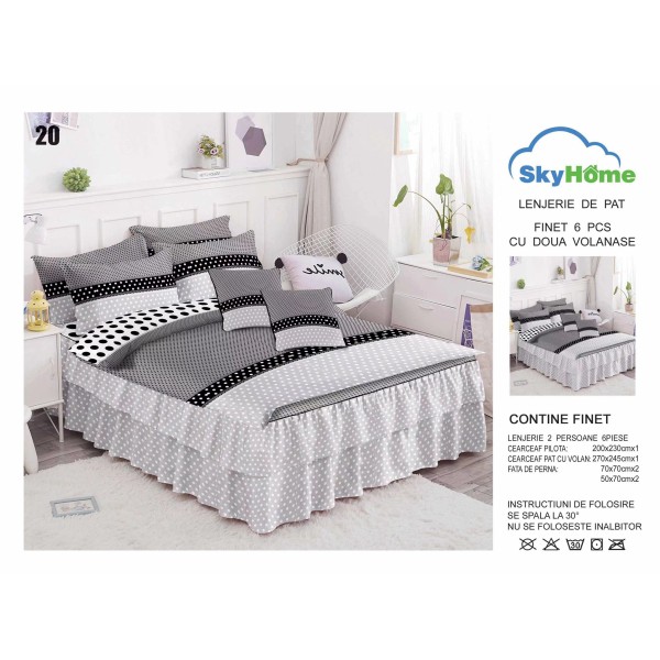 Lenjerie pat dublu, BUMBAC FINET, 6 piese, cu VOLANASE, Gri-Alb, cercuri, LDV-021