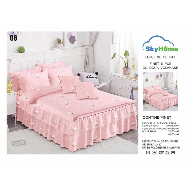 Lenjerie pat dublu, BUMBAC FINET, 6 piese, cu VOLANASE, Roz-Alb, floricele, LDV-008