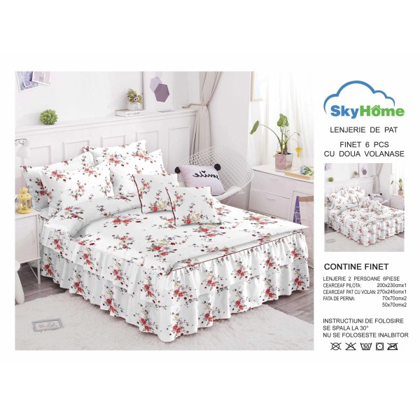 Lenjerie pat dublu, BUMBAC FINET, 6 piese, cu VOLANASE, Alb-Rosu, flori, LDV-009