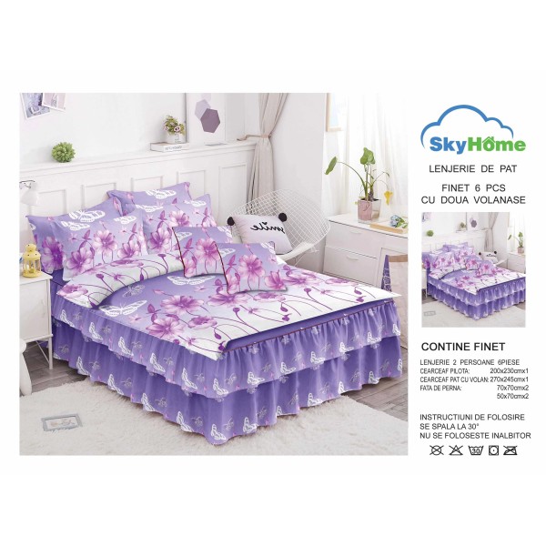 Lenjerie pat dublu, BUMBAC FINET, 6 piese, cu VOLANASE, Mov-Lila, flori, LDV-023