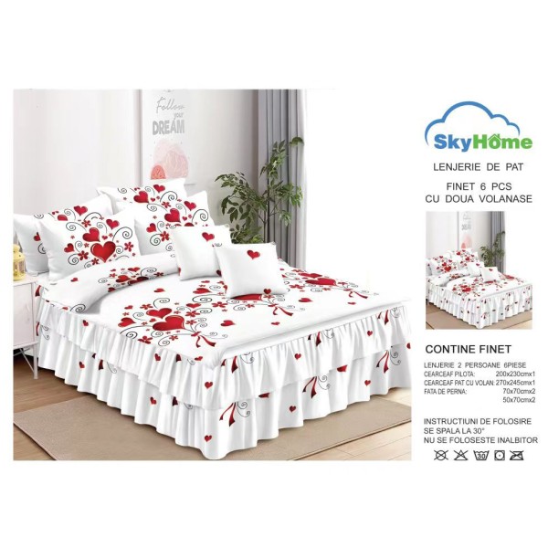Lenjerie pat dublu, BUMBAC FINET, 6 piese, cu VOLANASE, Alb-Rosu, inimi, LDV-035