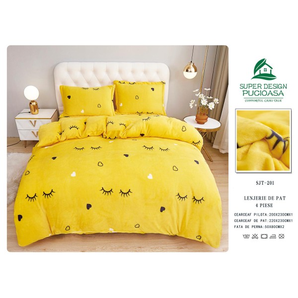 Lenjerie pat dublu, Super Pufoasa COCOLINO, 4 piese, Galben-Negru, gene, LDC-014
