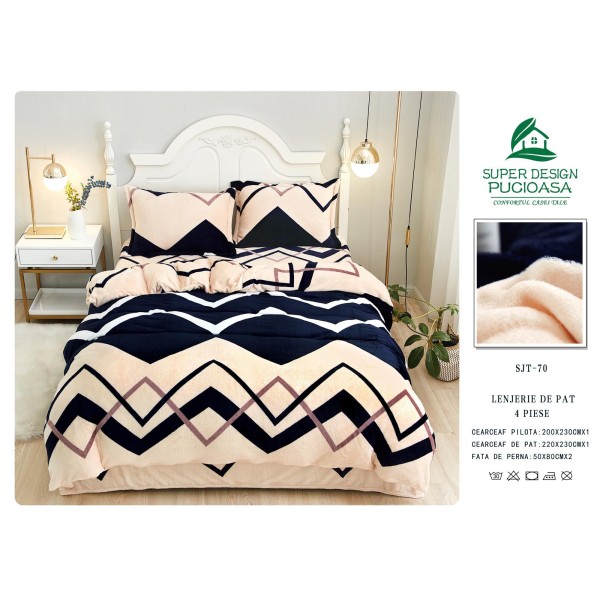 Lenjerie pat dublu, Super Pufoasa COCOLINO, 4 piese, Crem-Bleumarin, zig zag, LDC-091