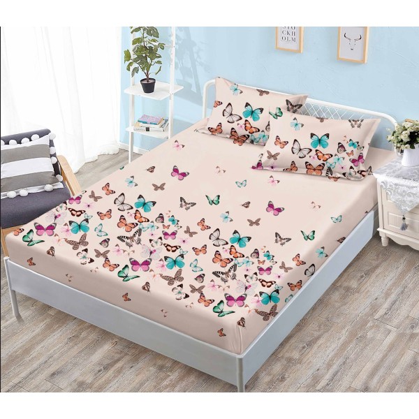 Cearsaf cu elastic COCOLINO, 180x200x25cm, plus 2 fete de perne, Crem-Multicolor, flori, HC-065