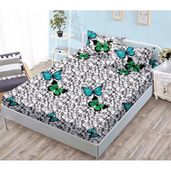 Cearșaf Cocolino cu Elastic 180x200 cm + 2 Fețe de Pernă – Model Fluturi Turcoaz pe Pietricele Gri, HC-032