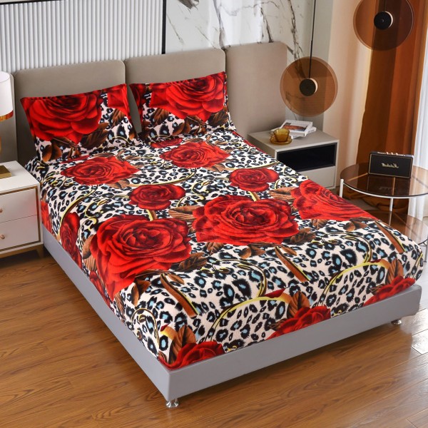 Cearșaf Cocolino cu Elastic 180x200 cm + 2 Fețe de Pernă – Model Trandafiri Roșii Animal Print, Roșu, HC-071
