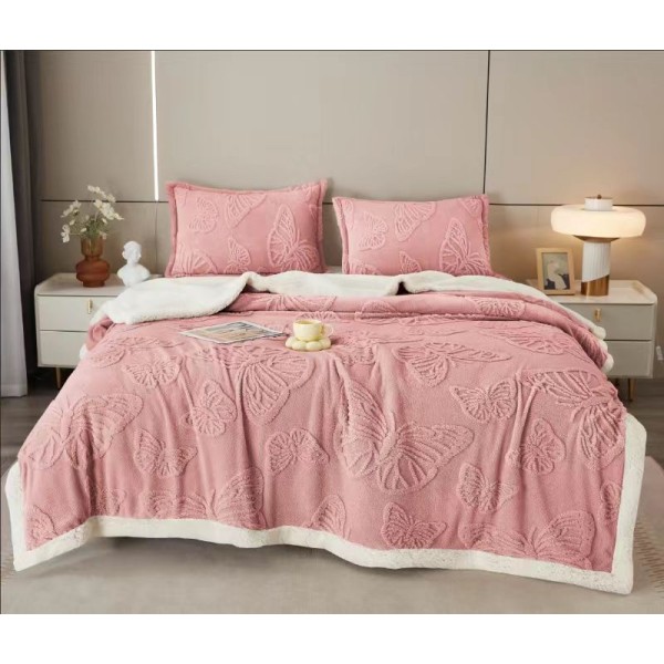 Patura Cocolino cu Blanita plus Doua Fete de Perna, Model, FLUTURI, 3D, 200x230 cm, Roz, PCT-028