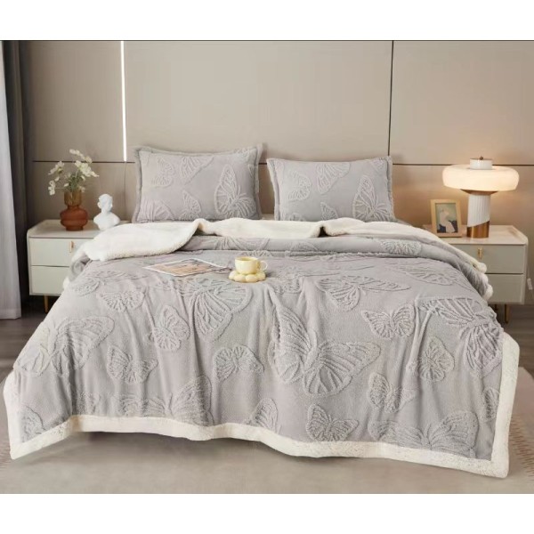 Patura Cocolino cu Blanita plus Doua Fete de Perna, Model, FLUTURI, 3D, 200x230 cm, Gri deschis, PCT-031