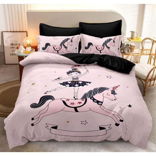 Set Lenjerie de Pat din Finet, 6 Piese, Pat 2 Persoane, Imprimeu 3D Identic cu Poza, Roz-Negru, unicorn, LFL-024