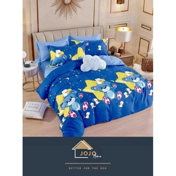 Set Lenjerie de Pat din Finet cu 2 Fete, 6 Piese, Pat 2 Persoane, Albastru-Galben, ursulet, LDF-085