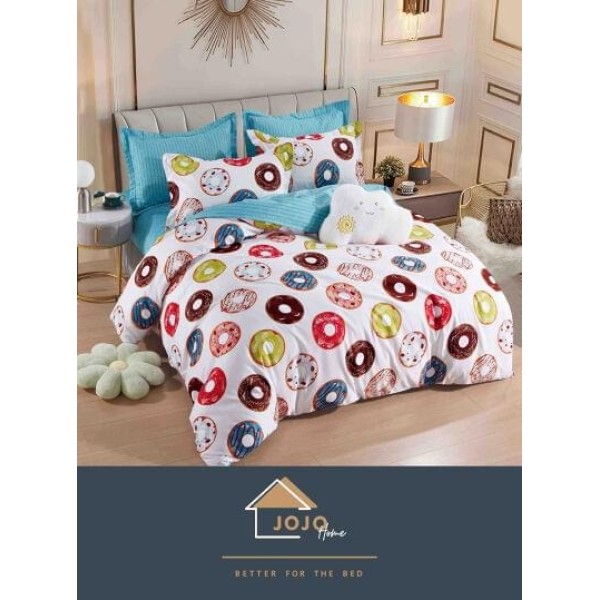 Set Lenjerie de Pat din Finet cu 2 Fete, 6 Piese, Pat 2 Persoane, Alb-Multicolor, gogosele, LDF-002