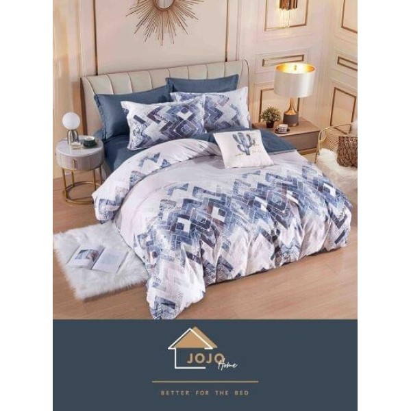 Set Lenjerie de Pat din Finet cu 2 Fete, 6 Piese, Pat 2 Persoane, Alb-Albastru, romburi, LDF-001