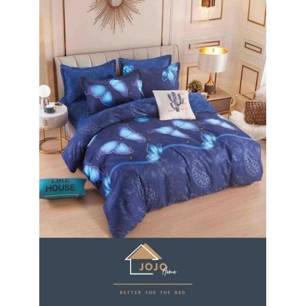 Set Lenjerie de Pat din Finet cu 2 Fete, 6 Piese, Pat 2 Persoane, Albastru-Blue, fluturi, LDF-015