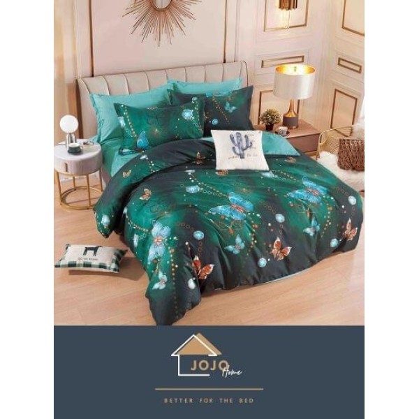 Set Lenjerie de Pat din Finet cu 2 Fete, 6 Piese, Pat 2 Persoane, Verde-Multicolor, fluturi, LDF-035