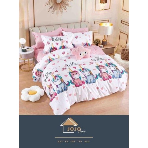 Set Lenjerie de Pat din Finet cu 2 Fete, 6 Piese, Pat 2 Persoane, Alb-Roz, unicorn, LDF-120