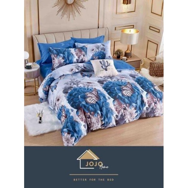 Set Lenjerie de Pat din Finet cu 2 Fete, 6 Piese, Pat 2 Persoane, Albastru-Alb, fluturi, LDF-122