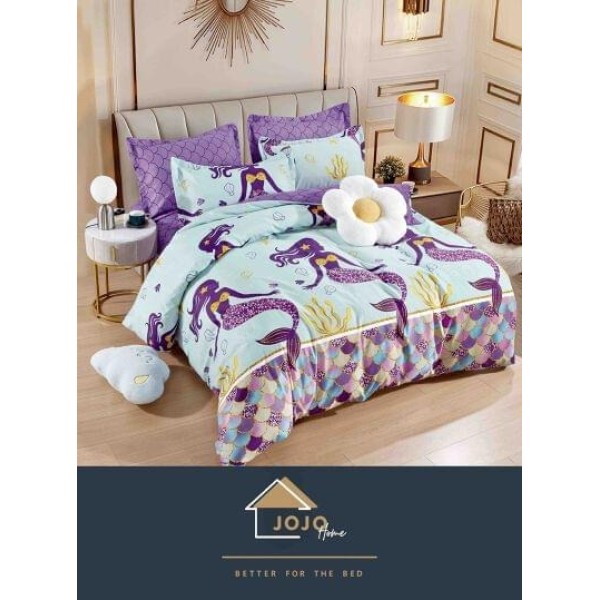 Set Lenjerie de Pat din Finet cu 2 Fete, 6 Piese, Pat 2 Persoane, Alb-Mov, sirena, LDF-126