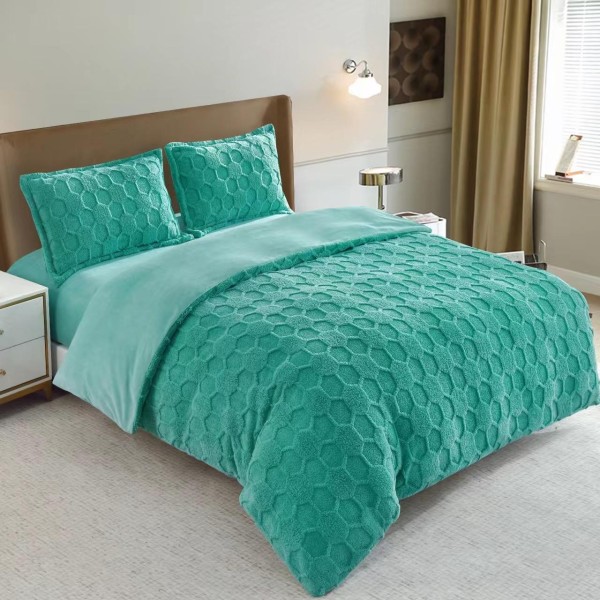 Set Lenjerie Pufoasa Cocolino cu Elastic, 4 Piese, Pat 2 Persoane, cu Imprimeu in Relief, Hexagon 3D, Turquoise, LEC-061