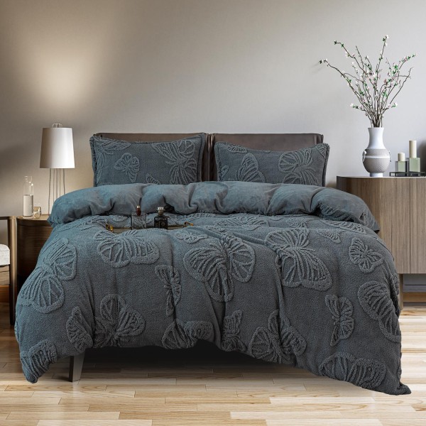 Set Lenjerie Pufoasa Cocolino cu Elastic, 4 Piese, Pat 2 Persoane, cu Imprimeu in Relief, Fluturi 3D, Gri, LEC-079