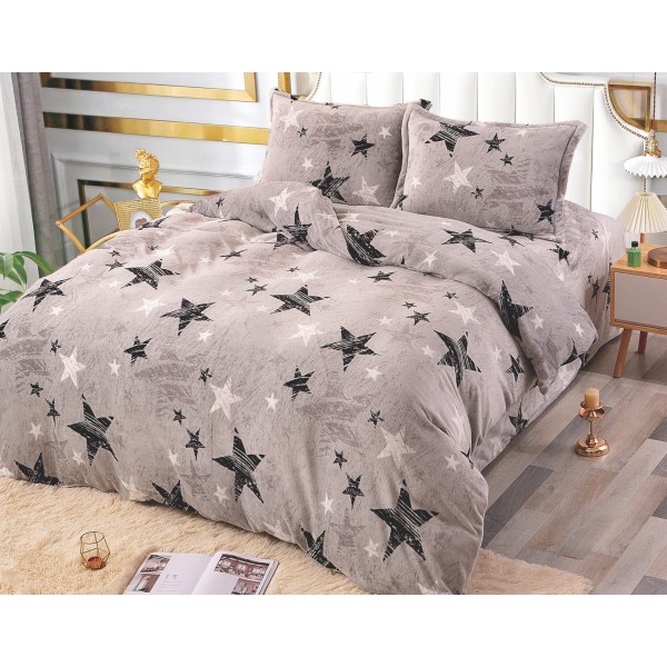 Lenjerie pat dublu, Super Pufoasa COCOLINO, 4 piese, Gri-Negru, stelute, LDC-004