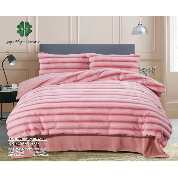 Lenjerie pat dublu, Super Pufoasa, din Blanita artificiala de Iepure, 4 piese, Roz, LCE-067