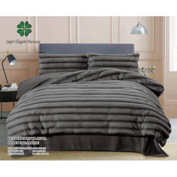 Lenjerie pat dublu, Super Pufoasa, din Blanita artificiala de Iepure, 4 piese, Gri inchis, LCE-068