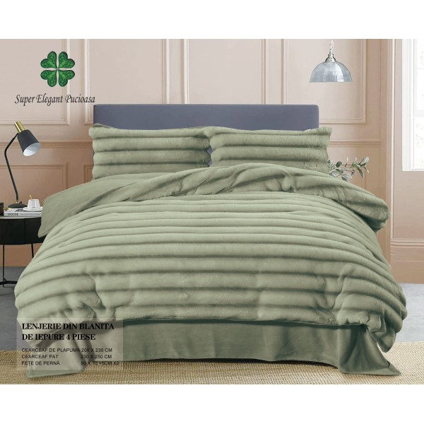 Lenjerie pat dublu, Super Pufoasa, din Blanita artificiala de Iepure, 4 piese, Verde, LCE-069