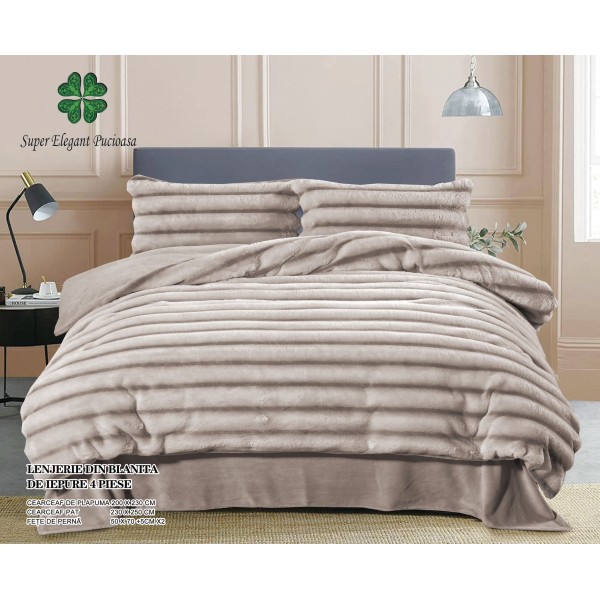 Lenjerie pat dublu, Super Pufoasa, din Blanita artificiala de Iepure, 4 piese, Bej, LCE-070