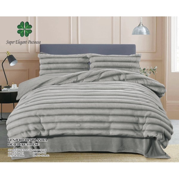 Lenjerie pat dublu, Super Pufoasa, din Blanita artificiala de Iepure, 4 piese, Gri deschis, LCE-071