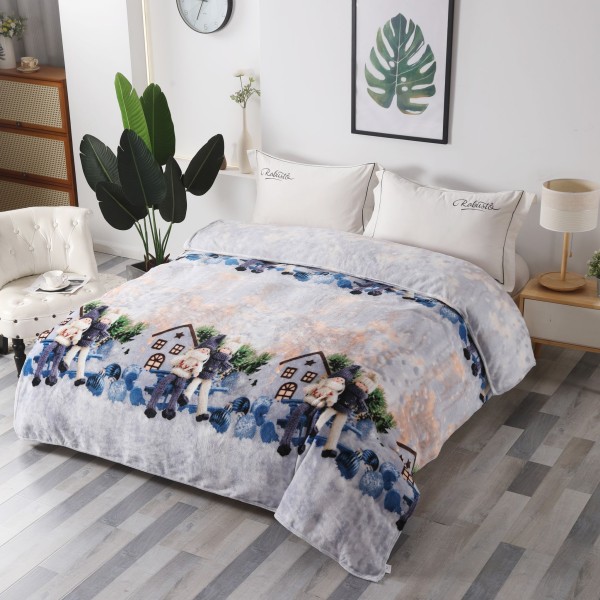 Pătură Cocolino 200x230 cm model Crăciun, gri cu imprimeu Moș și căsuțe, PTC-002