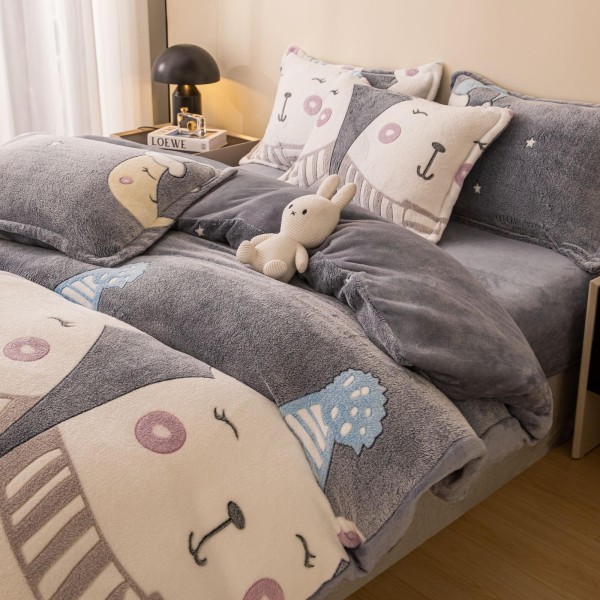 Set Lenjerie Pufoasa Cocolino cu Elastic, 4 Piese, Pat 2 Persoane, Gri-Crem, bear, LEC-093